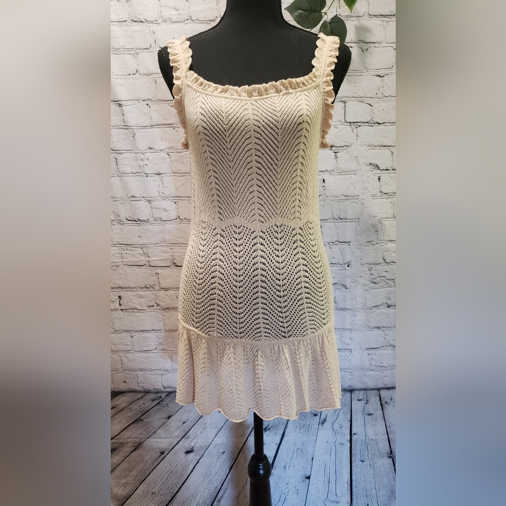 Tan Crochet Knitted Sleeveless Square Neck Sundress